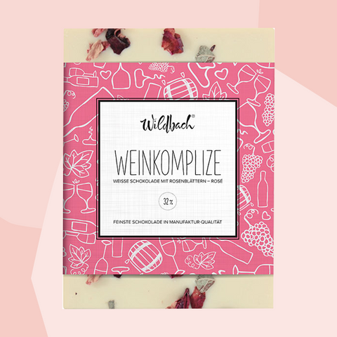 Weinkomplize Schokolade weiß Rosenblüten Geschenkbox zur Hochzeit Geschenke Geschenkideen Wein Partner Feinkost Feinkostladen Online Shop Concept Store Delikatessen
