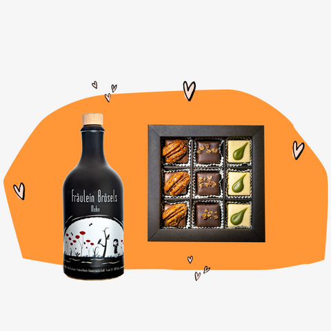 Geschenkbox Frauen supporten Frauen Mohn-Geist Pralinen Feinkost Online Shop Delikatessen Geschenke Feinkostladen Köln Manufakturen