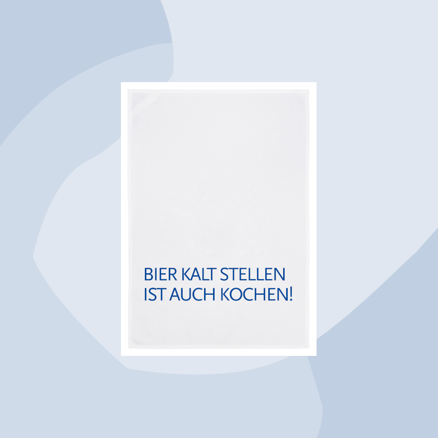1730 Geschirrtuch Handtuch Baumwolle Aufdruck blau Bier kalt stellen ist auch kochen Geschenke Geschenkeladen Köln Feinkostladen Online Shop Gourmets