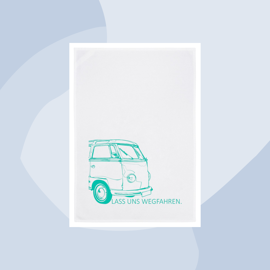 1730 Geschirrtuch Handtuch Baumwolle Aufdruck Lass uns wegfahren Geschenke Geschenkeladen Köln Feinkostladen Online Shop Gourmet