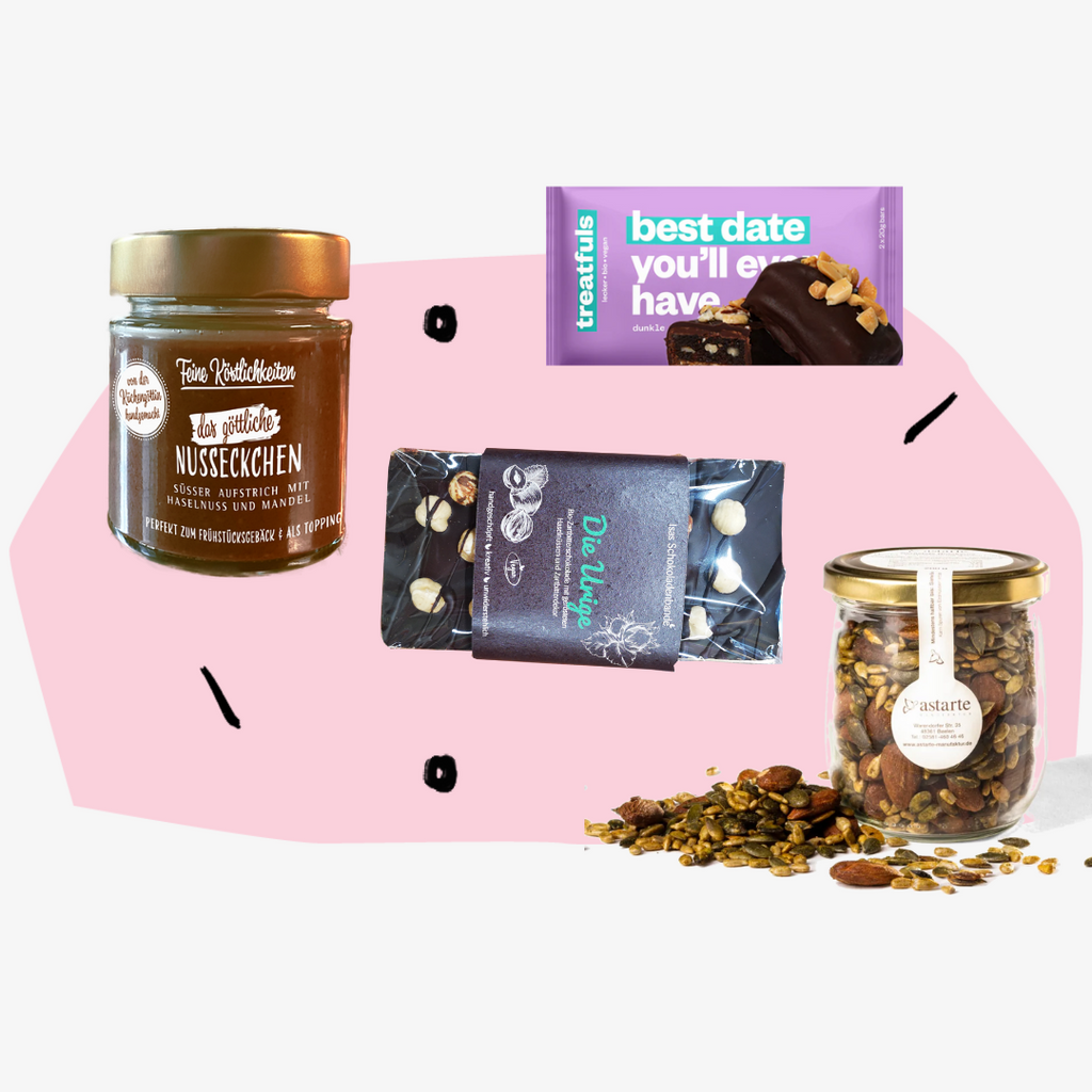 Geschenkbox Frauen supporten Frauen Nüsse Feinkost Online Shop Köln Geschenkeladen Feinkostladen Feinkostgeschäft Geschenke handgemacht Delikatessen