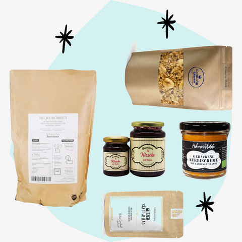 Geschenkbox Geschenkset Frühstück vegan Geschenke Köln Feinkost Online Shop Delikatessen Feinkostladen Concept Store