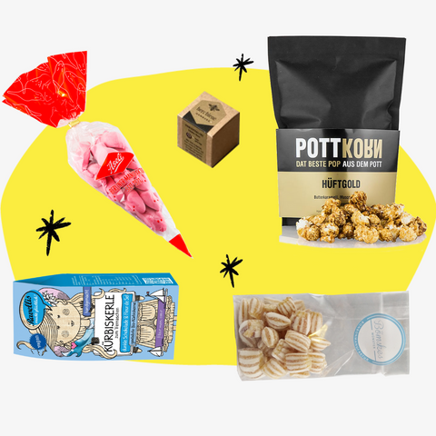Geschenkbox Naschkatze Geschenkset Geschenke Süßigkeiten bunte Tüte Feinkost Online Shop Feinkostladen Köln
