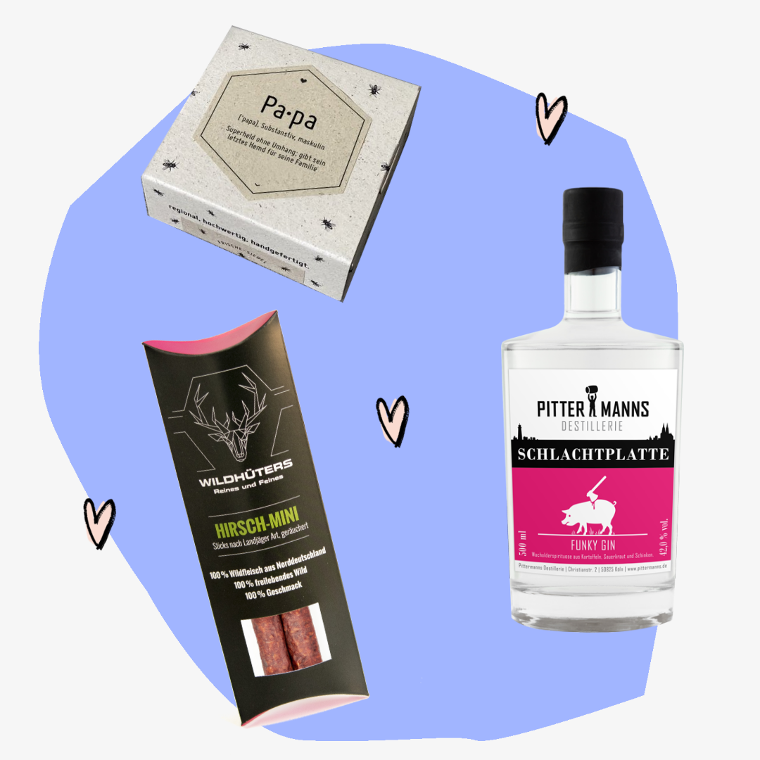 Geschenkbox zum Vatertag Geschenke Schlachtplatte Wurst Gin Feinkost Delikatessen Spezialitäten Feinkostladen Köln Online Shop Gourmets Papa Foodies