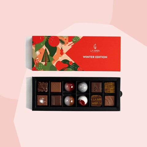 La Mara Pralinen vegan Geschenke Feinkost Online Shop Delikatessen Spezialitäten Köln Feinkostladen Weihnachten Foodies 12 Sorten