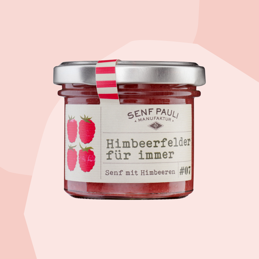 Senf Pauli Himbeerfelder für immer Senf Hamburg Feinkost Online Shop Feinkostladen Köln Manufakturen Gourmet Lebensmittel nachhaltig Essen Geschenke Geschenkbox Chili scharf würzig