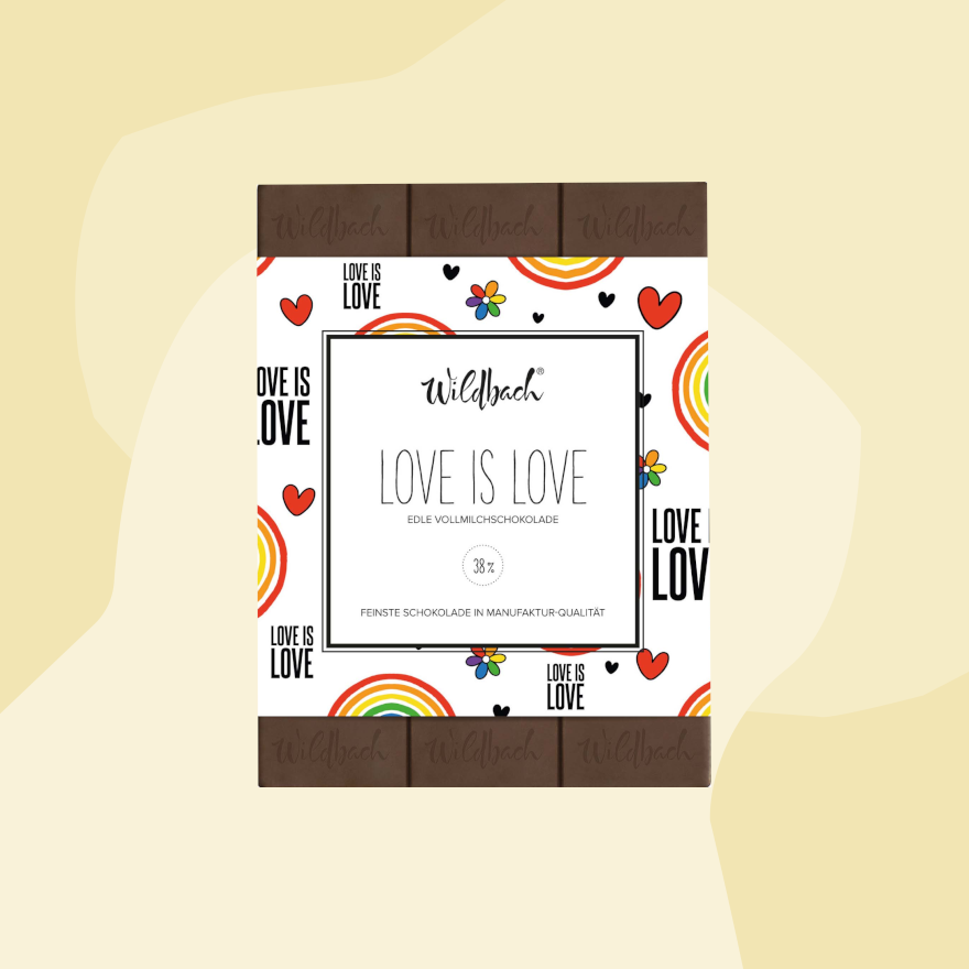 Wildbach Schokolade Vollmilchschokolade Love is love Liebe Valentinstag Geschenke Feinkost Delikatessen Manufakturen Köln Onlineshop