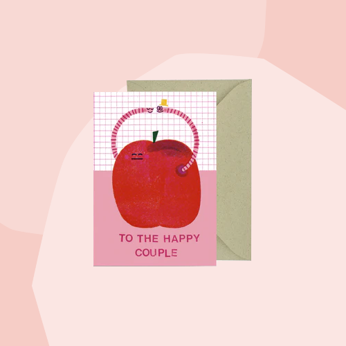 Postkarte zur Hochzeit: To the happy couple - Kuss, Wurm & Apfel