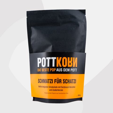 Popcorn "Schmatzi für Schatzi" mit weißer Schokolade, Zuckerherzen und Salzbrezeln Pottkorn GmbH Feinkost Delikatessen Manufakturen Geschenke Köln Online