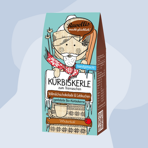Kürbiskerle Winterbubi: Kürbiskerne mit Vollmilchschokolade & Lebkuchen Ravellis Feinkost Delikatessen Manufakturen Geschenke Köln Online